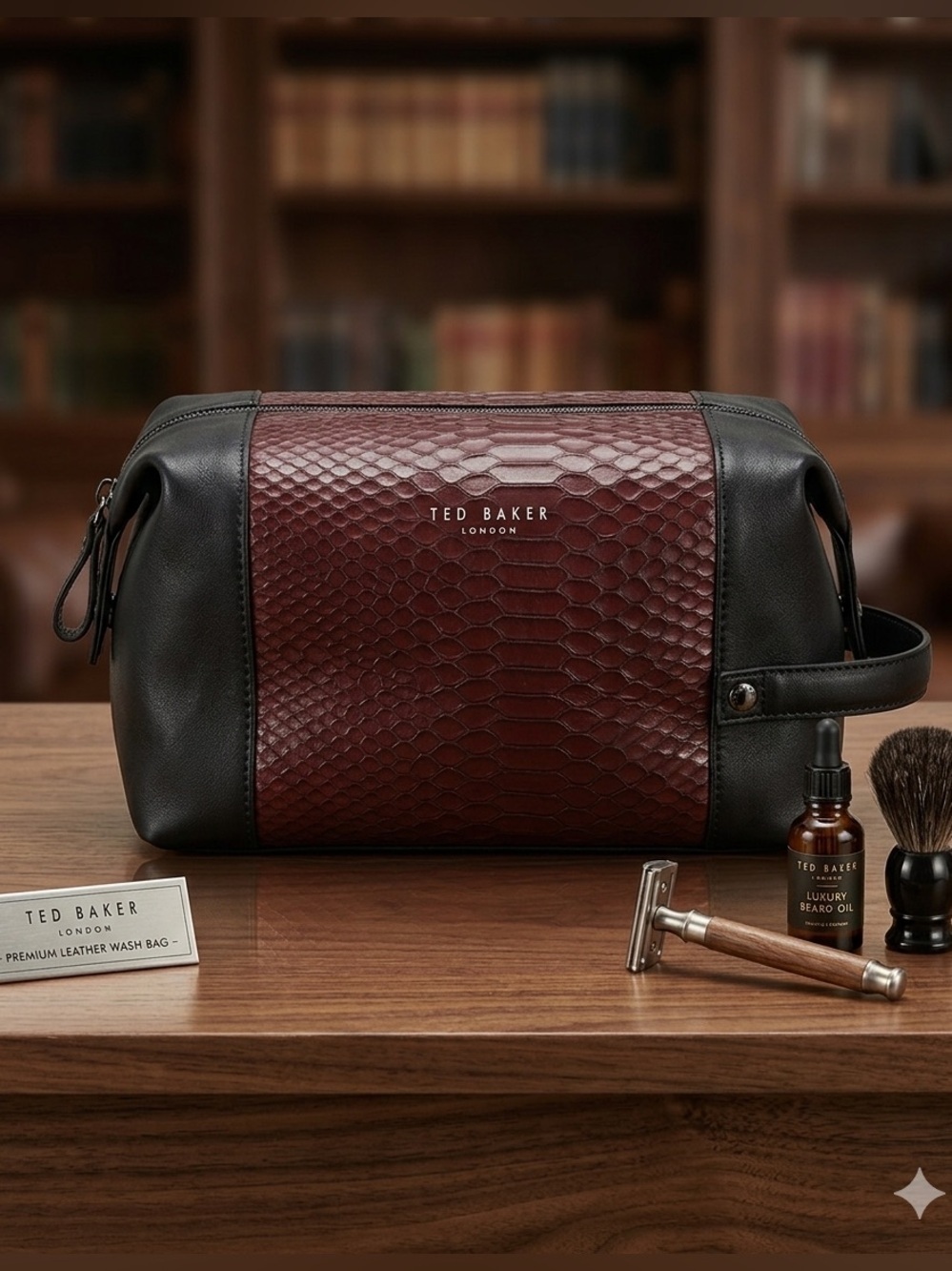 Ted Baker London Men's Royen Leather Toiletry Bag Burgundy Snakeskin Travel Case